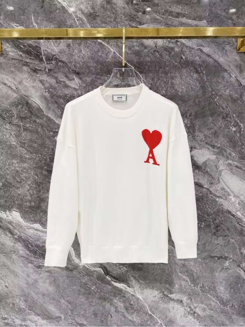 Ami White Crewneck Sweater with Red Heart A Logo